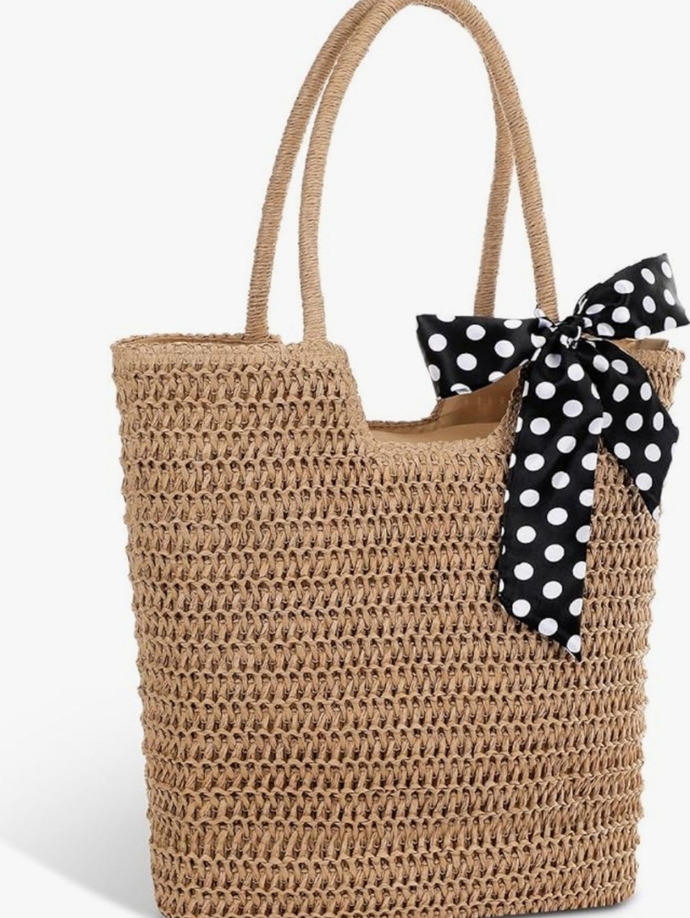 Woven Straw Tote Bag with Polka Dot Scarf - Natural